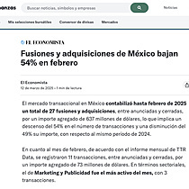 Fusiones y adquisiciones de Mxico bajan 54% en febrero